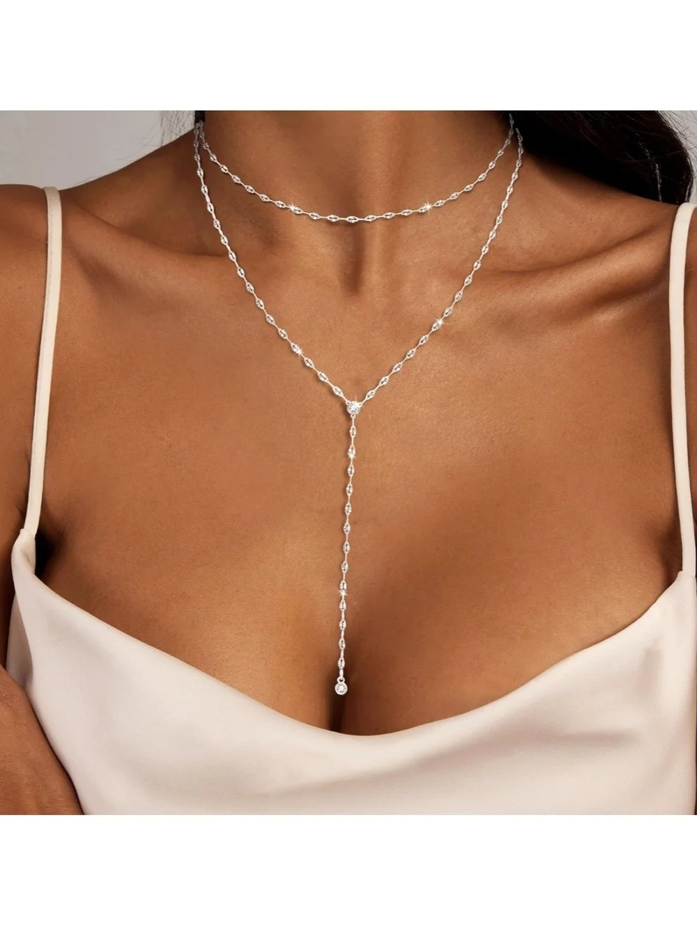 Silver Y-Drop Layered Necklace - Elegant Women Jewelry